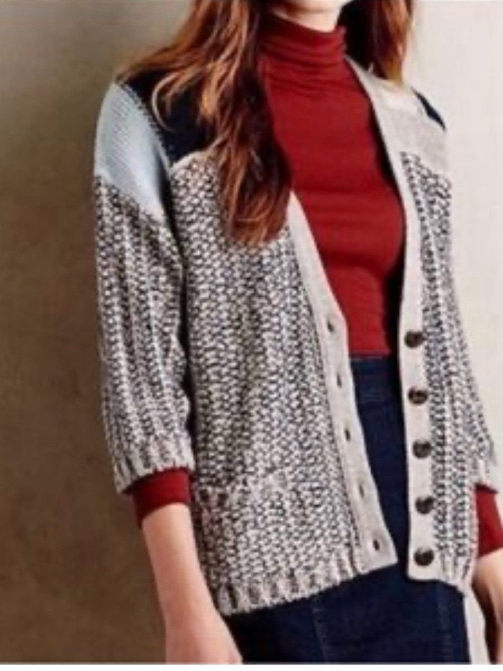 sparrow Navy, Light Blue, Tan & Gray Patchwork Knit Sweater